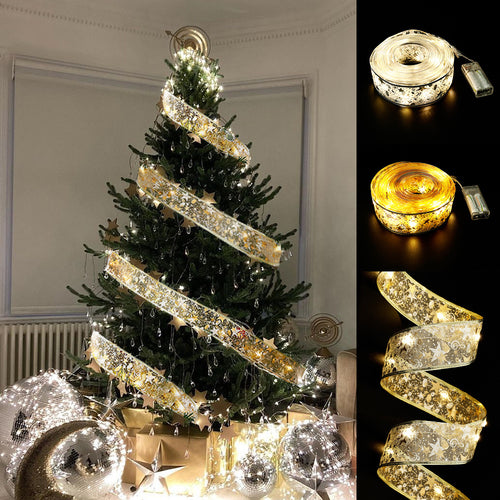 Fairy Lights String with Christmas Ribbon and Bow Tie — perfect decorative lighting for holidays, parties, and festive celebrations