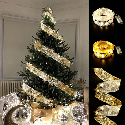 Fairy Lights String with Christmas Ribbon and Bow Tie — perfect decorative lighting for holidays, parties, and festive celebrations